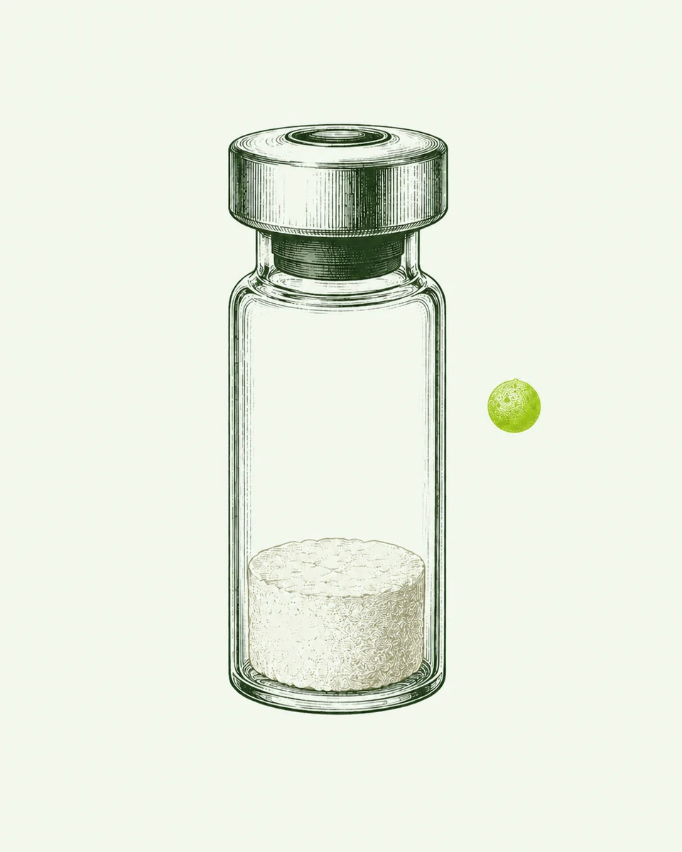 Ilustración grabada de un vial de péptido liofilizado con su torta de polvo