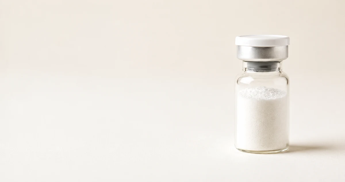 Vial de péptido liofilizado sobre fondo crema
