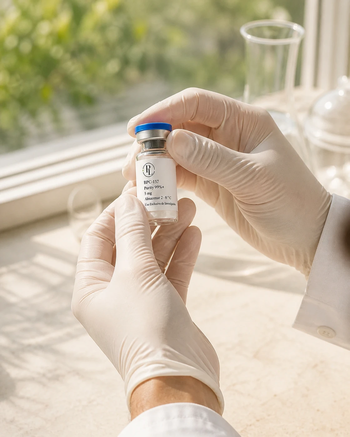 Manos con guantes examinando un vial de BPC-157 junto a una ventana
