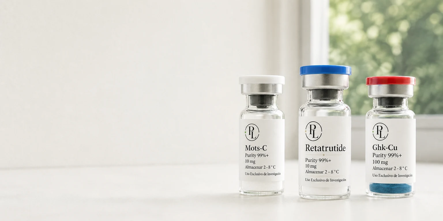 Viales PL de MOTS-c 10 mg, Retatrutide 10 mg y GHK-Cu 100 mg junto a una ventana